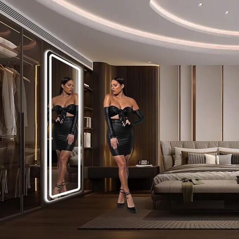Full Length Mirror with Lights, 58"X18" Floor Standing LED Lighted Mirror Full Length, Full Body Over The Door Mirrors with Dimming & 3 Color Lighting for Room, Salon, Redecorating (Black) in Saudi Arabia