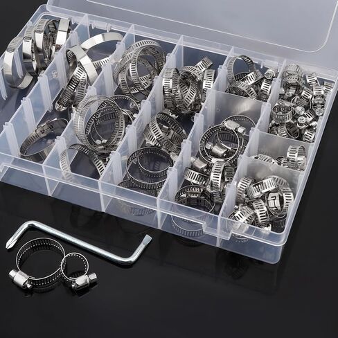 مجموعة متنوعة من 90 قطعة من مشبك خرطوم، PNXKTXO 8 مقاسات 8-44 مم 304 من الفولاذ المقاوم للصدأ قابل للتعديل، مجموعة مشبك خرطوم ترس دودي قابل للتعديل، مشبك خط وقود معدني للسباكة والحديقة in Kuwait