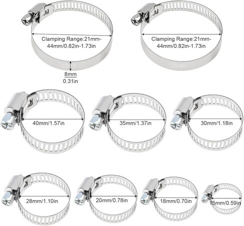 مجموعة متنوعة من 90 قطعة من مشبك خرطوم، PNXKTXO 8 مقاسات 8-44 مم 304 من الفولاذ المقاوم للصدأ قابل للتعديل، مجموعة مشبك خرطوم ترس دودي قابل للتعديل، مشبك خط وقود معدني للسباكة والحديقة in Kuwait