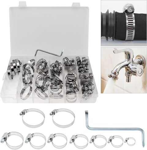 مجموعة متنوعة من 90 قطعة من مشبك خرطوم، PNXKTXO 8 مقاسات 8-44 مم 304 من الفولاذ المقاوم للصدأ قابل للتعديل، مجموعة مشبك خرطوم ترس دودي قابل للتعديل، مشبك خط وقود معدني للسباكة والحديقة in Kuwait