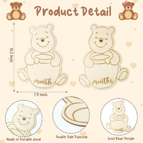 Baby Monthly Milestone Cards- Winnie Wooden Monthly Milestone Discs with Interchangeable Cards Baby Months Announcement Sign Baby Shower Party Photography Prop Keepsake Decor for Boys Girls in Saudi Arabia