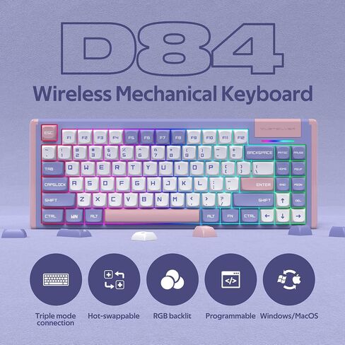 D84 Wireless Mechanical Keyboard - 75% Compacet Layout, 2.4G/Bluetooth/Wired, 1000Hz Polling Rate, RGB Backlit, Premium Gaming Experience, Gateron Red Switch, Kawaii Bunny Theme in Saudi Arabia