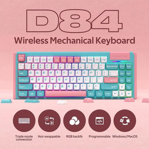 D84 Wireless Mechanical Keyboard - 75% Compacet Layout, 2.4G/Bluetooth/Wired, 1000Hz Polling Rate, RGB Backlit, Premium Gaming Experience, Gateron Red Switch, Kawaii Bunny Theme in Saudi Arabia