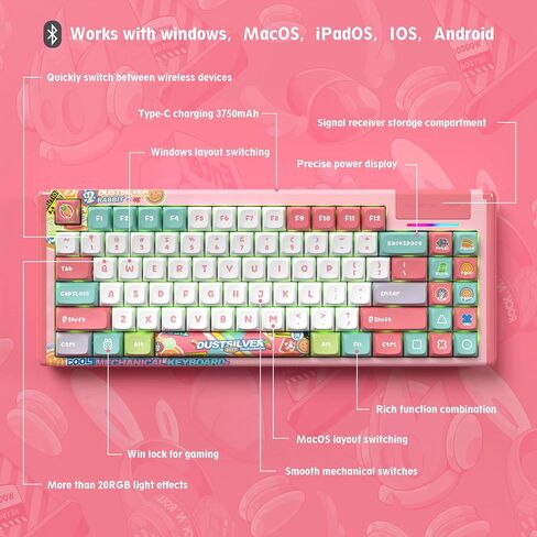 D84 Wireless Mechanical Keyboard - 75% Compacet Layout, 2.4G/Bluetooth/Wired, 1000Hz Polling Rate, RGB Backlit, Premium Gaming Experience, Gateron Red Switch, Kawaii Bunny Theme in Saudi Arabia