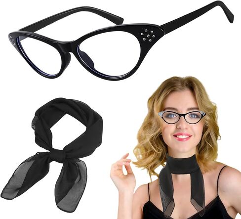 HIYMDOIT 50's Costume Accessories for Women Vintage 1950s Rhinestone Cat Eye Glasses Chiffon Neck Scarf for Cosplay Party in Saudi Arabia