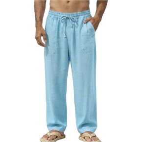 Linen Pants Men Relaxed Fit Elastic Drawstring Waist Travel Pant Lightweight Loose Trousers Beach Wear Clothing in Kuwait