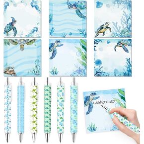 12Pcs Sea Turtle Sticky Notes with Pens Set Watercolor Ocean Sea Animals Writing Notepads Memo Pads Ballpoint Pens VSCO Aesthetic Christmas Gifts for Turtle Lovers Women Teacher Office School Supplies in Kuwait