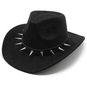 Black Western Cowboy Hat with Metal Spike Studs, Faux Suede, Wide Brim, Unisex Adult in Kuwait