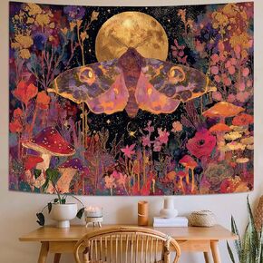 Leeisysme Hippie Butterfly Moon Tapestry, Aesthetic Boho Flower Moth Wall Art for Living Room Bedroom Home Decor, Red 36x48 inches in Kuwait