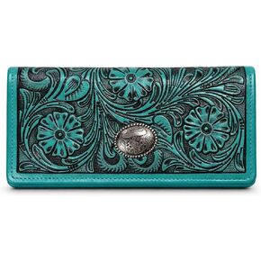 American Bison Western Turquoise Leather Wallet for Women Floral Filigree Clutch with RFID Blocking, 9 Card Slots, ID Window, Accordion Interior in Kuwait