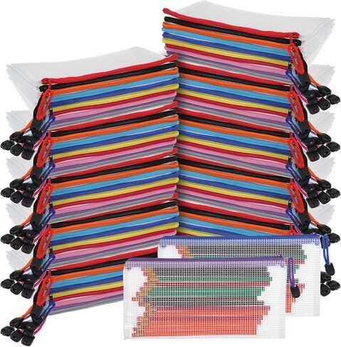 100 Pack Pencil Pouch Bulk Operation Christmas Mesh Zipper Storage Cases Gifts-A6 File Bag Clear Pencil Pouches Multipurpose Toiletry Cosmetics Bags for Office Bill Travel 9.5'' x 4.5''(10 Colors) in Saudi Arabia