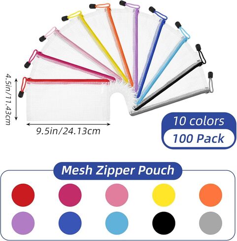 100 Pack Pencil Pouch Bulk Operation Christmas Mesh Zipper Storage Cases Gifts-A6 File Bag Clear Pencil Pouches Multipurpose Toiletry Cosmetics Bags for Office Bill Travel 9.5'' x 4.5''(10 Colors) in Saudi Arabia
