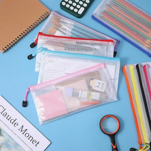100 Pack Pencil Pouch Bulk Operation Christmas Mesh Zipper Storage Cases Gifts-A6 File Bag Clear Pencil Pouches Multipurpose Toiletry Cosmetics Bags for Office Bill Travel 9.5'' x 4.5''(10 Colors) in Saudi Arabia