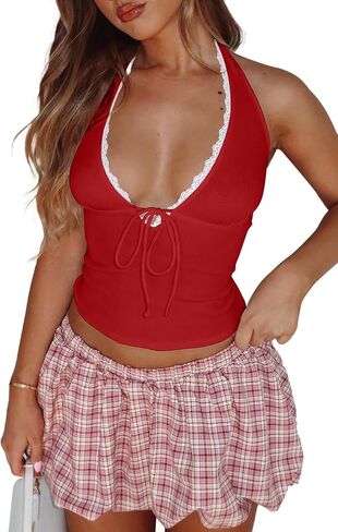 توب نسائي بدون أكمام من الدانتيل وياقة على شكل V عميقة بدون ظهر وقصة ضيقة، قمم أساسية للخروج in Kuwait