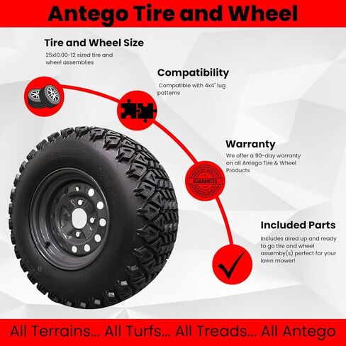 إطار وعجلة Antego مقاس 25x10.00-12 مع مجموعة عجلات ذات 4 فتحات لـ Kubota RTV's 900 و1100 و1140 UTV - 6 طبقات ATW-045 مع مداس غير اتجاهي (مجموعة من 2) in Saudi Arabia