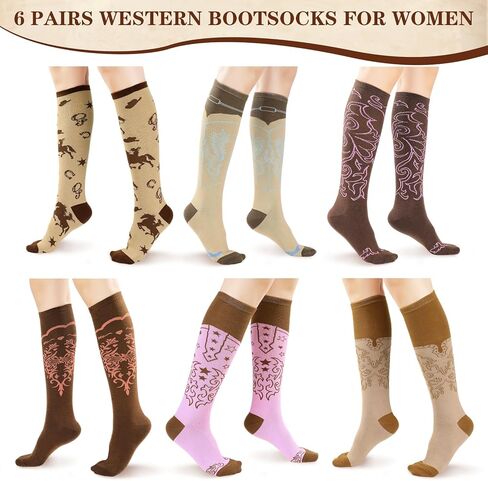 6 Pairs Cowgirl Boot Socks for Women Western Cowboy Socks Western Outfits Accessories for Christmas Gift in Saudi Arabia