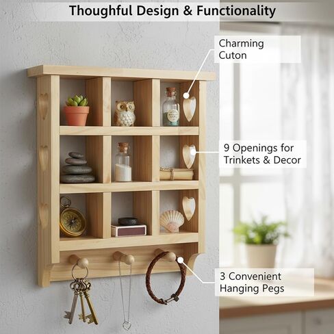 رف حلية خشبي على شكل قلب للجدار، رف عائم مقاس 14 × 12 بوصة مع قلوب وأوتاد، رف حائط على شكل قلب 9 فتحات للداخل، مناسب لعرض الأدوات المثيرة للاهتمام in Kuwait