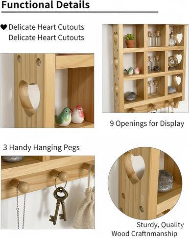 رف حلية خشبي على شكل قلب للجدار، رف عائم مقاس 14 × 12 بوصة مع قلوب وأوتاد، رف حائط على شكل قلب 9 فتحات للداخل، مناسب لعرض الأدوات المثيرة للاهتمام in Kuwait