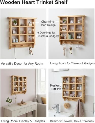 رف حلية خشبي على شكل قلب للجدار، رف عائم مقاس 14 × 12 بوصة مع قلوب وأوتاد، رف حائط على شكل قلب 9 فتحات للداخل، مناسب لعرض الأدوات المثيرة للاهتمام in Kuwait