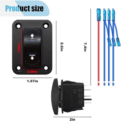 20A 12V DC Polarity Reversing Momentary Rocker Switch - 7Pin DPDT Up Down Blue LED ON Off ON Switch with Pigtail Wire & Aluminum Plate Screw - Toggle Winch in/Out Switch for Motor Control/Actuator in Saudi Arabia