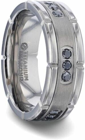 Mens Titanium Double Grooved Polished Edges Black Diamond Settings Wedding Ring - Brushed Comfort Fit - 8mm Wide - Style name: COURAGEOUS in Saudi Arabia