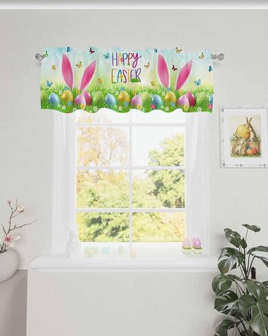 ستائر عيد الفصح لنوافذ المطبخ، ستائر أرنب مضحكة لغرفة المعيشة، ستائر بيض عيد الفصح بجيب نافذة الستارة الحمراء لمعالجة النوافذ لغرفة نوم الحمام 54 × 18 بوصة، قابلة للغسل in Kuwait
