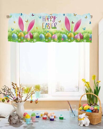 ستائر عيد الفصح لنوافذ المطبخ، ستائر أرنب مضحكة لغرفة المعيشة، ستائر بيض عيد الفصح بجيب نافذة الستارة الحمراء لمعالجة النوافذ لغرفة نوم الحمام 54 × 18 بوصة، قابلة للغسل in Kuwait