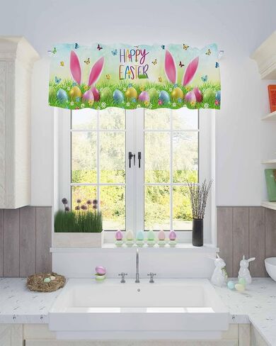 ستائر عيد الفصح لنوافذ المطبخ، ستائر أرنب مضحكة لغرفة المعيشة، ستائر بيض عيد الفصح بجيب نافذة الستارة الحمراء لمعالجة النوافذ لغرفة نوم الحمام 54 × 18 بوصة، قابلة للغسل in Kuwait