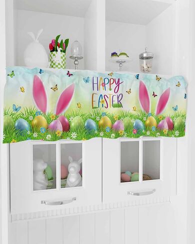 ستائر عيد الفصح لنوافذ المطبخ، ستائر أرنب مضحكة لغرفة المعيشة، ستائر بيض عيد الفصح بجيب نافذة الستارة الحمراء لمعالجة النوافذ لغرفة نوم الحمام 54 × 18 بوصة، قابلة للغسل in Kuwait