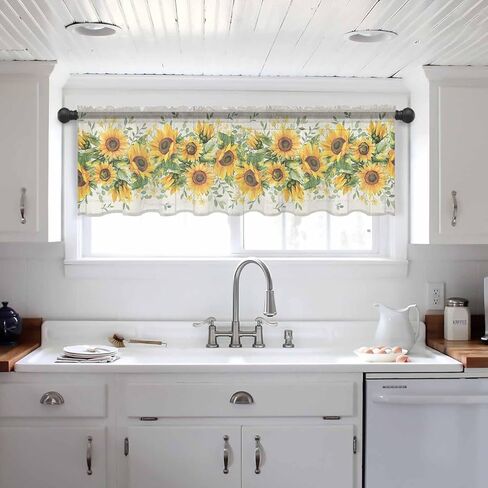 Sunflower Valance Yellow Green Curtains for Kitchen/Living Room/Bathroom/Bedroom Window, Country Botanical Floral Sheer Curtain Rod Pocket Small Topper Half Short Window Curtains Leaf Scarf, 54"x18" in Saudi Arabia