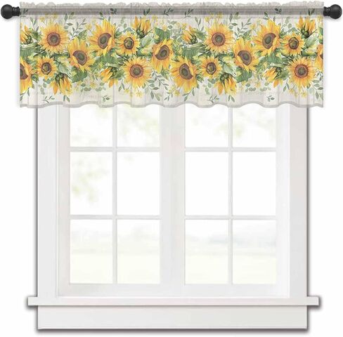 Sunflower Valance Yellow Green Curtains for Kitchen/Living Room/Bathroom/Bedroom Window, Country Botanical Floral Sheer Curtain Rod Pocket Small Topper Half Short Window Curtains Leaf Scarf, 54"x18" in Saudi Arabia