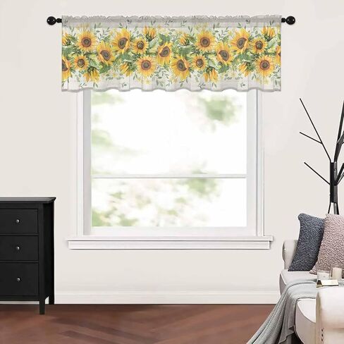 Sunflower Valance Yellow Green Curtains for Kitchen/Living Room/Bathroom/Bedroom Window, Country Botanical Floral Sheer Curtain Rod Pocket Small Topper Half Short Window Curtains Leaf Scarf, 54"x18" in Saudi Arabia