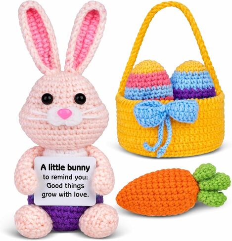 5 Pcs Finished Easter Positive Crochet Animals for Teen Girls & Adults Women, Handmade Filled Easter Basket with Crochet Bunny, Carrot, 2 Eggs, Easter Decoration Gifts Prefilled with Animal Stuffers in Saudi Arabia