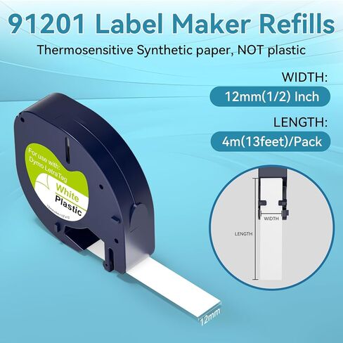 6pack 91331 Label Tape Replacement for dymo Label Maker Refills Plastic White Tape (1/2" x 13'), for Labeler Letra Tag 200B, LT 100T 100H Plus in Saudi Arabia