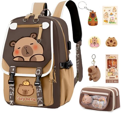 Capybara Backpack with 11-Piece Gift Set (Plush Keychain, Badges, Stickers) Cute Laptop School Bag for Travel & College (Brown 01) in Saudi Arabia