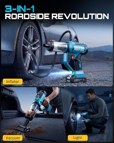 SEESII 3-in-1 Tire Inflator, Portable Air Compressor & Car Vacuum Cleaner & Searchlight, 21V Car Tire Air Pump with Digital Pressure Gauge, 150 PSI Max for RV SUV Tires, Motorcycles, E-Bikes in Saudi Arabia