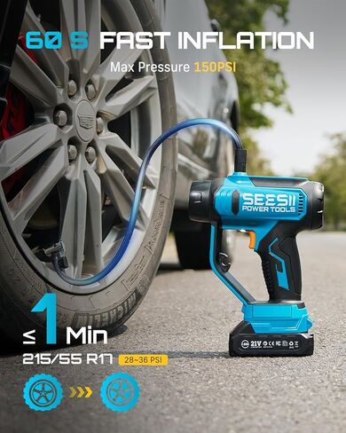SEESII 3-in-1 Tire Inflator, Portable Air Compressor & Car Vacuum Cleaner & Searchlight, 21V Car Tire Air Pump with Digital Pressure Gauge, 150 PSI Max for RV SUV Tires, Motorcycles, E-Bikes in Saudi Arabia
