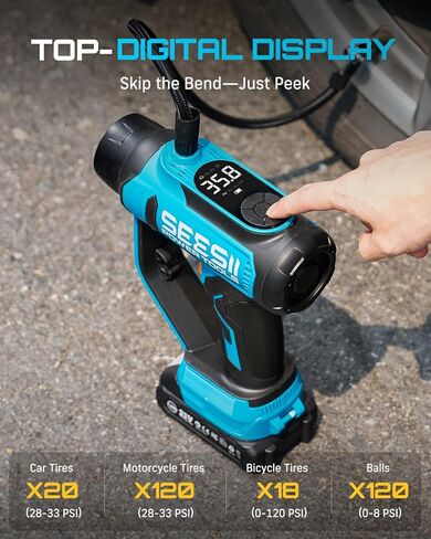 SEESII 3-in-1 Tire Inflator, Portable Air Compressor & Car Vacuum Cleaner & Searchlight, 21V Car Tire Air Pump with Digital Pressure Gauge, 150 PSI Max for RV SUV Tires, Motorcycles, E-Bikes in Saudi Arabia