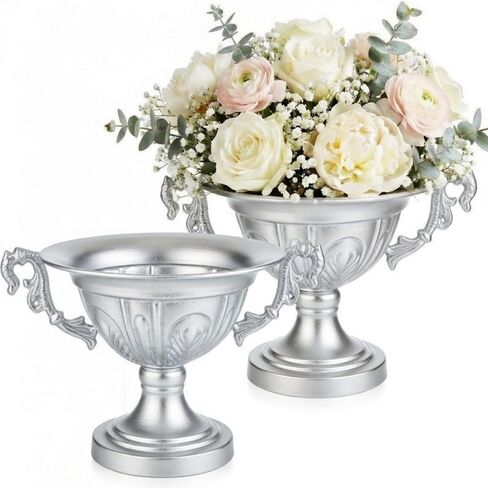 2 قطعة مزهرية زهرة الجرة للقطع المركزية 10.7 بوصة عرض × 7.1 بوصة ارتفاع مزهرية حديدية عتيقة مزخرفة بقاعدة كومبوت عتيقة وعاء زهور لقطع مركزية لحفلات الزفاف وترتيب الأزهار المنزلية in Kuwait