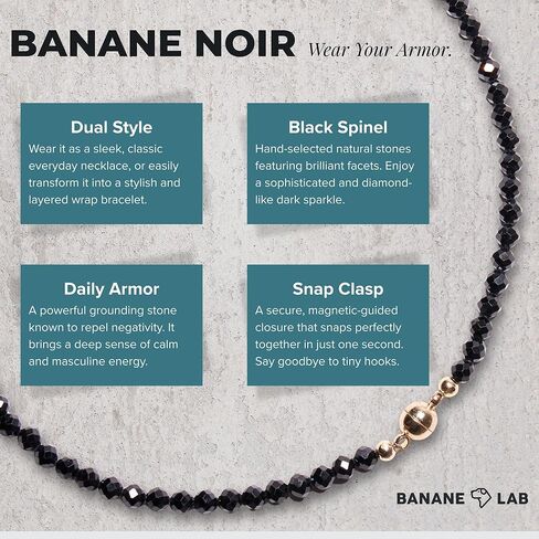 Natural Black Spinel Necklace for Men 24" | 4mm Faceted Beaded Baseball Necklace | Real Stone Energy Jewelry Gift for Him | Convertible Layered Wrap Bracelet | 14K GP Easy-Snap Clasp in Kuwait