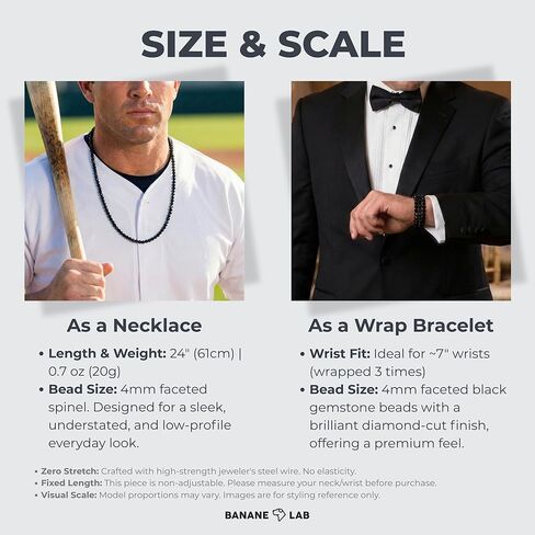 Natural Black Spinel Necklace for Men 24" | 4mm Faceted Beaded Baseball Necklace | Real Stone Energy Jewelry Gift for Him | Convertible Layered Wrap Bracelet | 14K GP Easy-Snap Clasp in Kuwait