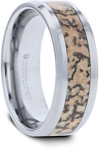 ORDOVICIAN Dinosaur Bone Inlaid Tungsten Carbide Beveled Edged Ring in Saudi Arabia