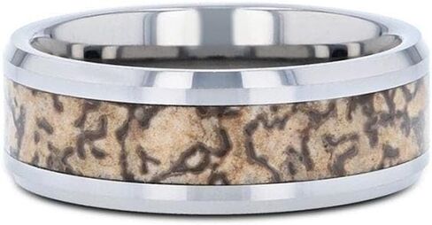 ORDOVICIAN Dinosaur Bone Inlaid Tungsten Carbide Beveled Edged Ring in Saudi Arabia