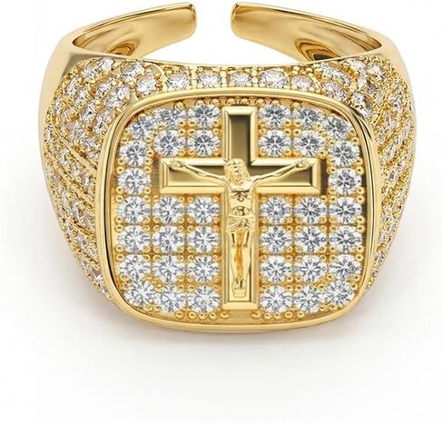 Dolphin smile Men's Cross Ring, 14K Gold-Plated Christian Jesus Prayer Signet Ring, Adjustable Size in Saudi Arabia