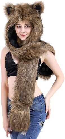 Women Plush Animal Hood Hat 3 in 1 Furry Earflaps Hoodie Hat Scarf Mitten Gloves Pocket Winter Warm Faux Fur Full Animal Cap in Saudi Arabia
