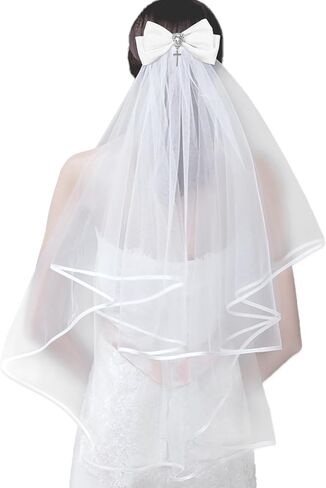 Golden Ribbon Edge Wedding Veil Champagne Gold Trim Bachelorette Party Veil 2 Tier Ivory Tulle Fingertip Bridal Veil Simple Bride to Be Outfit Hair Accessories in Saudi Arabia