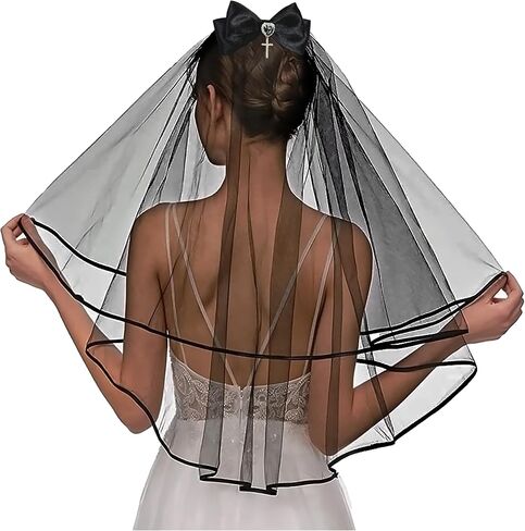 Golden Ribbon Edge Wedding Veil Champagne Gold Trim Bachelorette Party Veil 2 Tier Ivory Tulle Fingertip Bridal Veil Simple Bride to Be Outfit Hair Accessories in Saudi Arabia