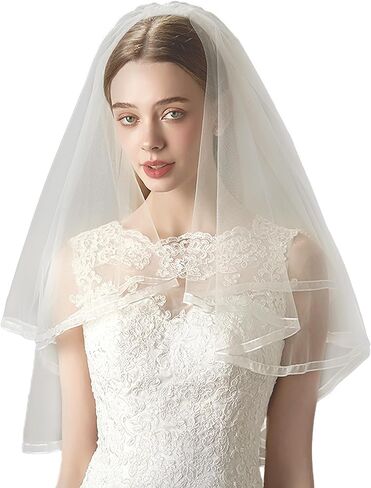 Golden Ribbon Edge Wedding Veil Champagne Gold Trim Bachelorette Party Veil 2 Tier Ivory Tulle Fingertip Bridal Veil Simple Bride to Be Outfit Hair Accessories in Saudi Arabia