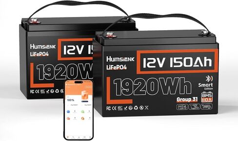 بطارية ليثيوم HumsiENK 12V 150Ah LiFePO4 - بطارية دورة عميقة BCI Group 31 مزودة بتقنية Bluetooth و110A BMS - أكثر من 15000 دورة للطاقة الشمسية وRV والبحرية وخارج الشبكة - بديل خفيف الوزن وآمن لحمض الرصاص in Kuwait