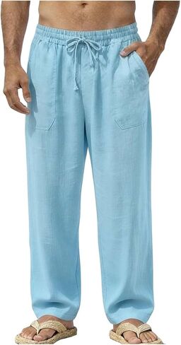 Linen Pants Men Relaxed Fit Elastic Drawstring Waist Travel Pant Lightweight Loose Trousers Beach Wear Clothing in Saudi Arabia